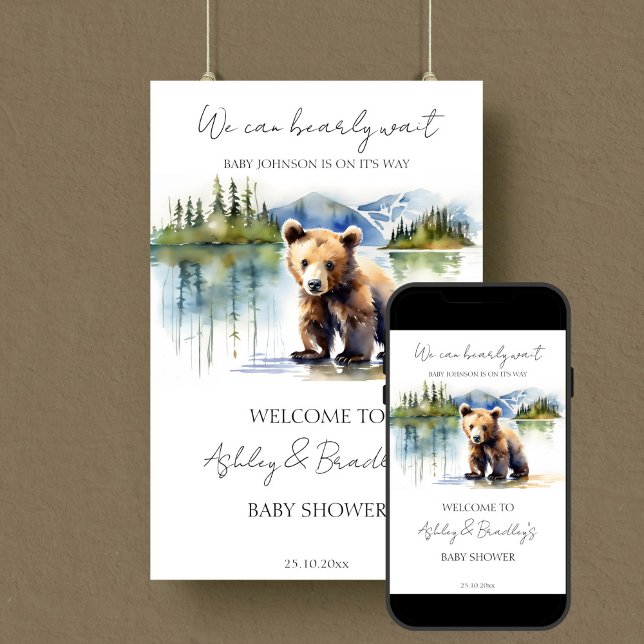 Poster Bearly wait baby shower d'aventure signe de bienve (Bearly wait adventure awaits national parks themed baby shower welcome sign template download)