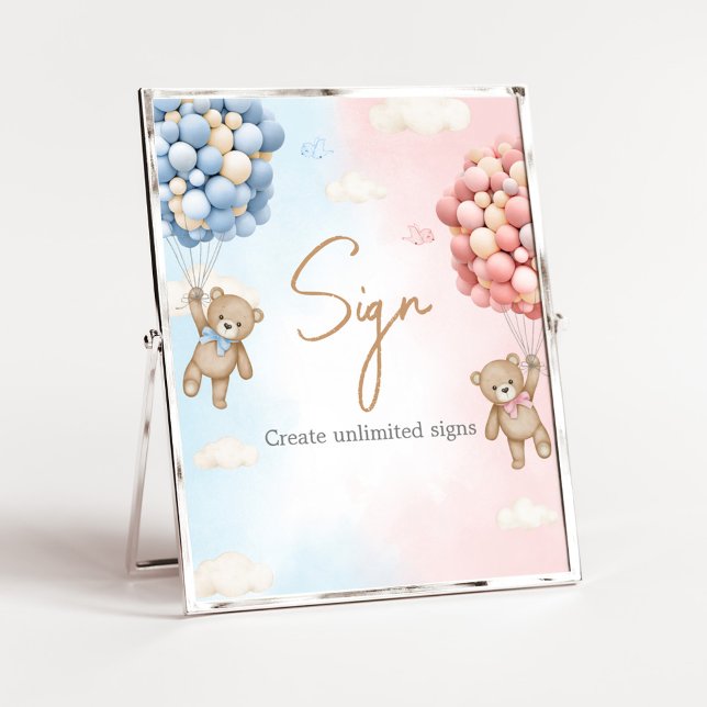 Poster Bearly Wait Bear Balloon Gender Reveal Sign (Bear Balloon He or She Gender Reveal Custom Sign)