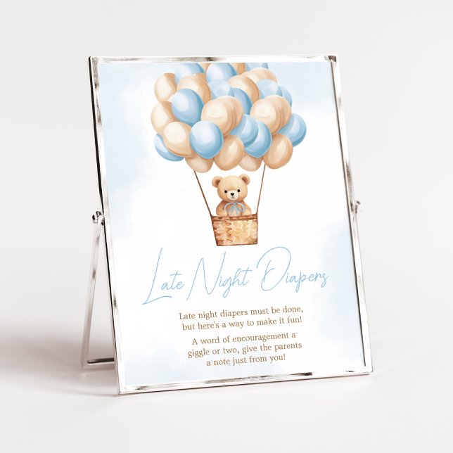 Poster Bearly Wait Blue HotAir Balloon Late Night Diapers (Boy Baby Bear Balloons Baby Shower Late Night Diapers Sign)