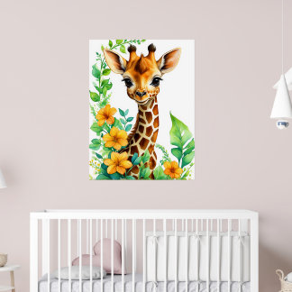 Poster Beau Animal Giraffe Aux Fleurs Oranges