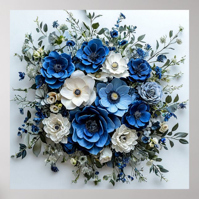 Poster Beau arrangement floral bleu et blanc (Devant)
