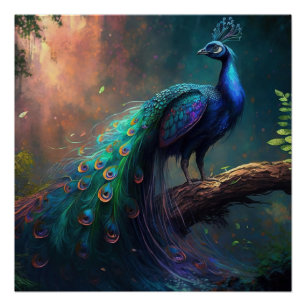 Poster Beau Bleu Bleu Colorful Peacock en Forêt