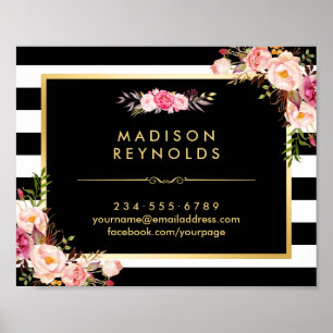 Poster Beau cadre or floral noir blanc rayures