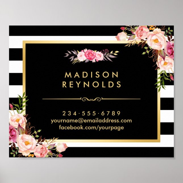 Poster Beau cadre or floral noir blanc rayures (Devant)