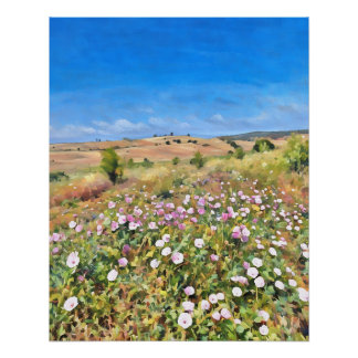 Poster Beau Champ Fleur sauvage sous ciel bleu clair