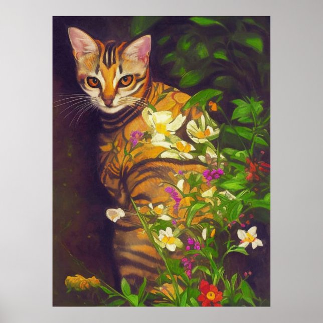 Poster Beau chat abyssinien dans un jardin de minuit (Devant)
