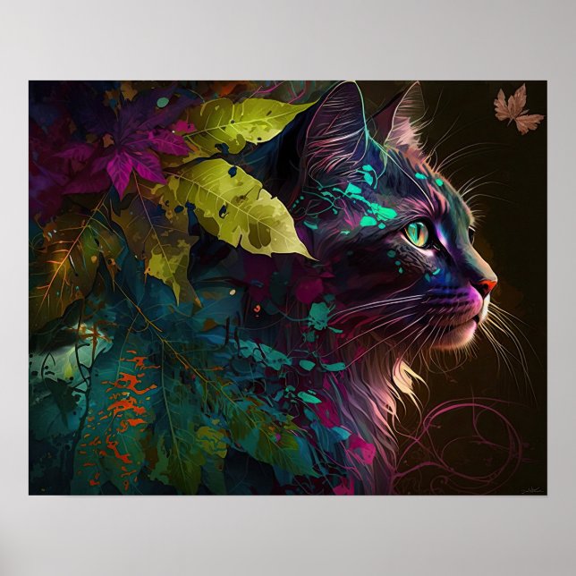 Poster Beau chat avec feuillage - Art IA (Devant)