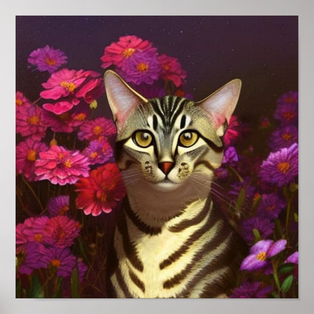 Poster Beau chat égyptien Mau dans un jardin de nuit (Devant)