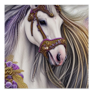 Poster Beau Cheval blanc avec des accents violet et or