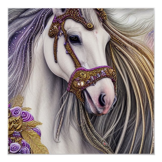 Poster Beau Cheval blanc avec des accents violet et or (Devant)