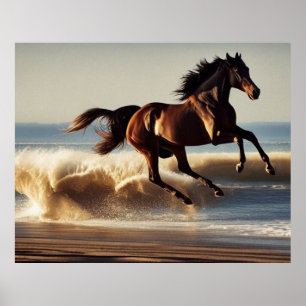 Poster beau cheval de châtaignier à la plage
