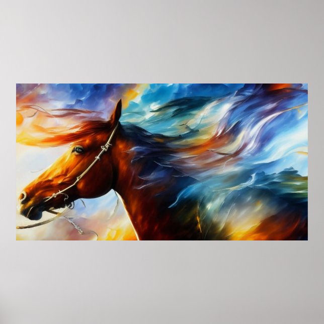 Poster Beau cheval galopant art abstrait moderne (Devant)