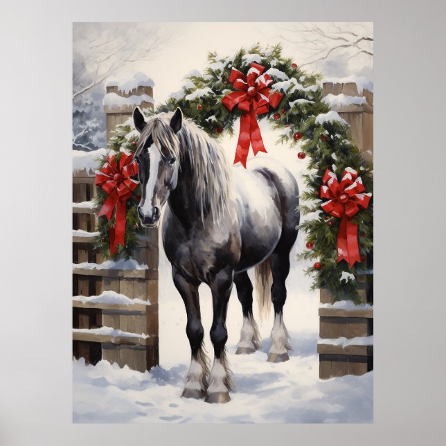 Poster Beau Cheval gris avec Garland d'hiver Noël (Devant)