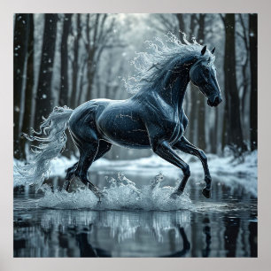 Poster Beau Cheval Noir Galopant Dans L'Eau