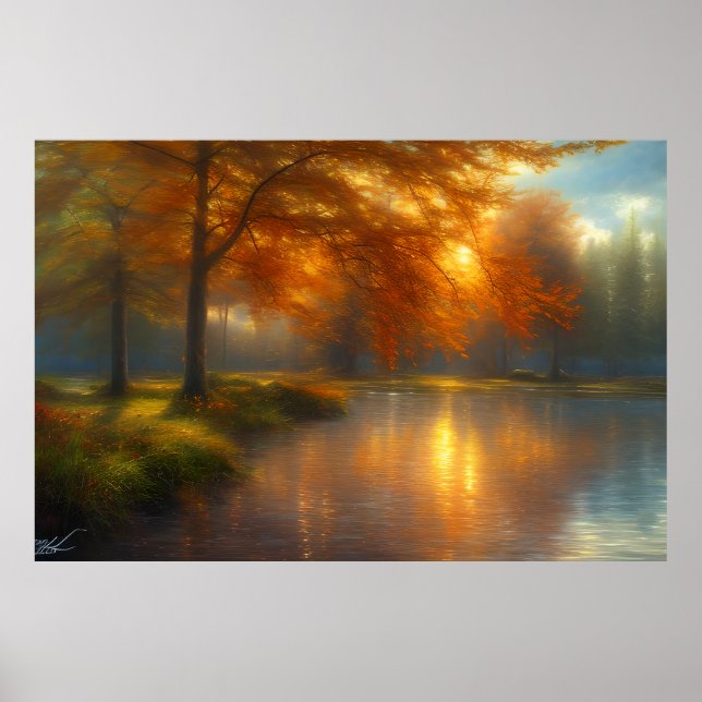 Poster Beau classique et serein paysage rivière arbres (Devant)