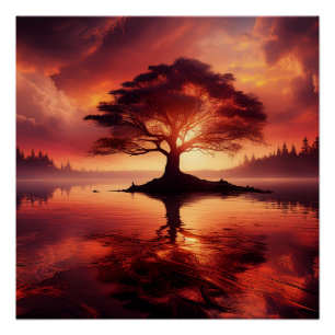 Poster Beau Coucher De Soleil Avec Arbre En Avant-Plan