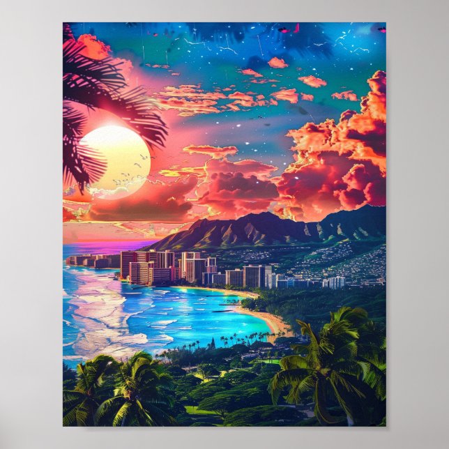 Poster Beau coucher de soleil sur la plage Hawaiian (Devant)