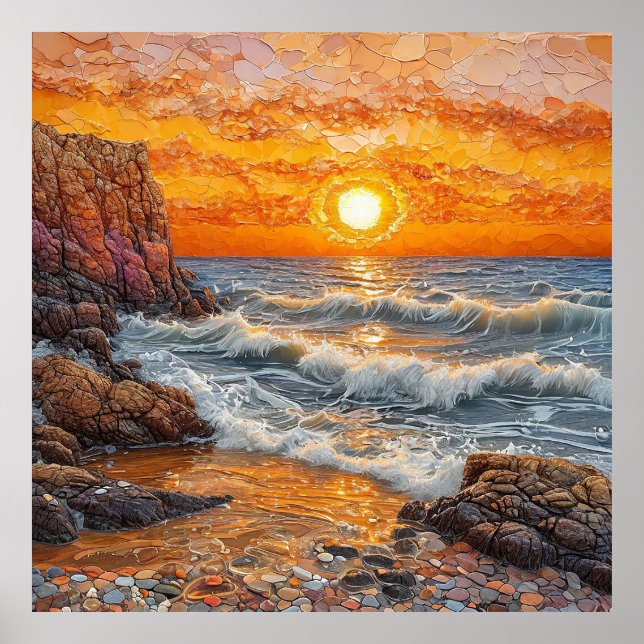Poster Beau coucher de soleil sur l'océan avec des vagues (Devant)