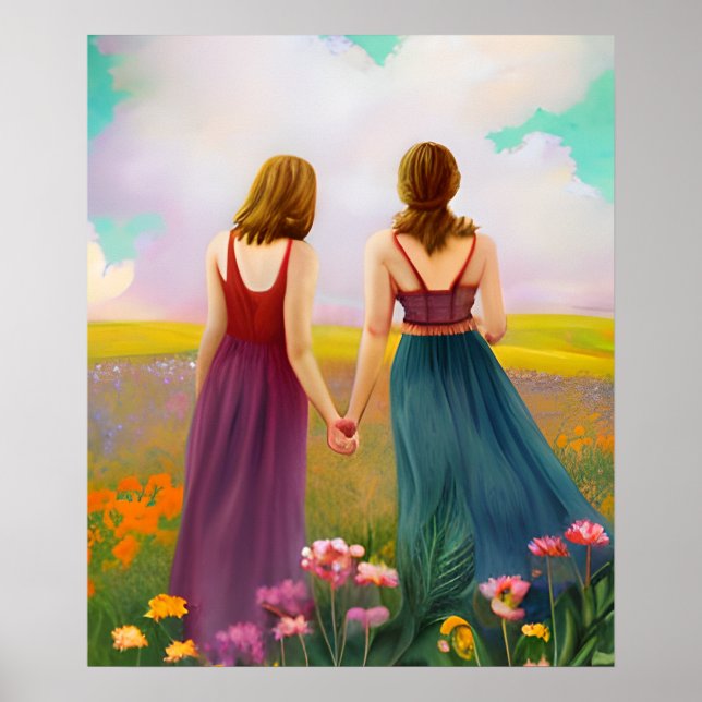 Poster Beau couple lesbien dans le domaine des fleurs (Devant)