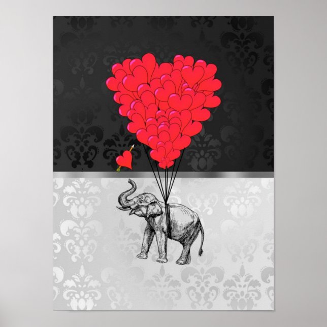 Poster Beau éléphant et coeur d'amour gris (Devant)
