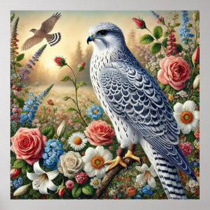 Poster Beau Faucon Perché Au Milieu De Fleurs Vibrantes