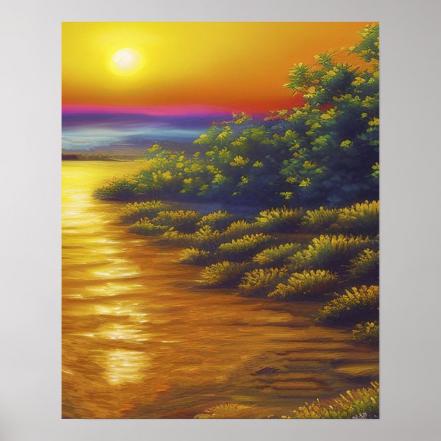 Poster Beau Gold Sunset Ocean Beach Plantes (Devant)