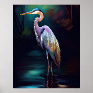 Poster Beau Héron Bleu Dans La Nuit