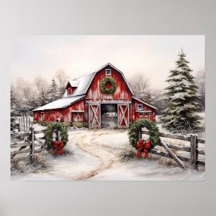 Poster Beau hiver neigeux Rustic Red Grange Noël