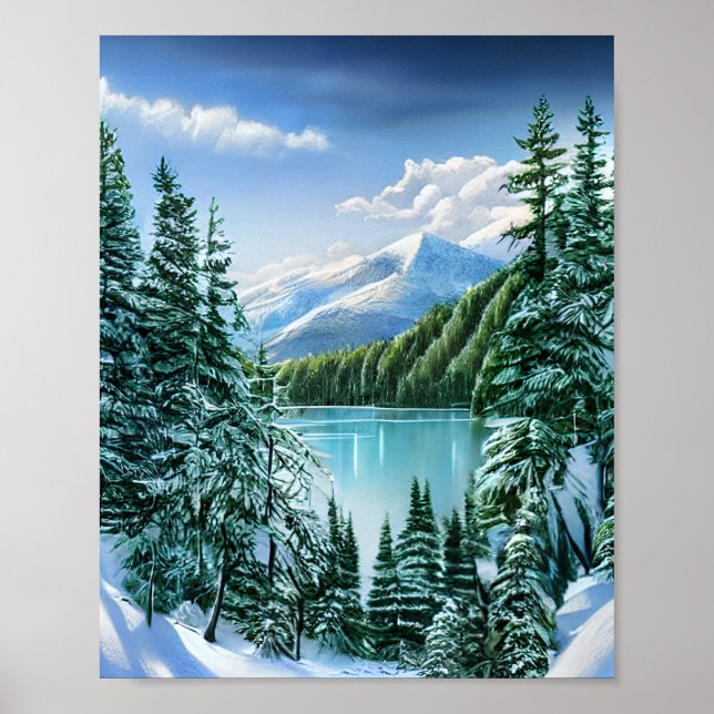 Poster Beau Hiver Sky Mountain Lake (Devant)