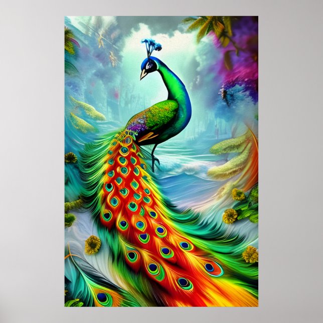 Poster Beau paon avec de magnifiques plumes de queue (Devant)