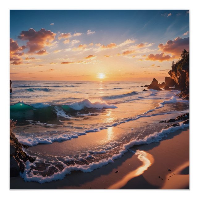 Poster Beau paysage de coucher de soleil sur la plage (Devant)