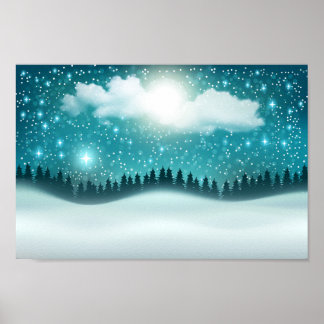 Poster Beau paysage forestier de nuit d'hiver