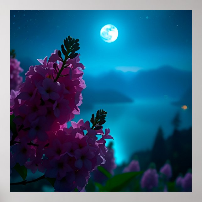 Poster Beau paysage nocturne avec fleurs et lune (Devant)