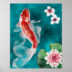 Poster Beau Poisson japonais Koi, Fleurs de cerisiers Jap