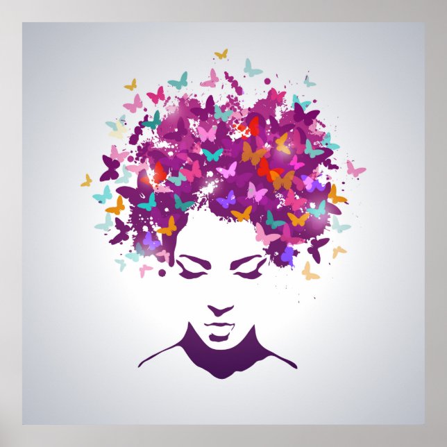 Poster Beau portrait de femme avec cheveux papillon (Devant)