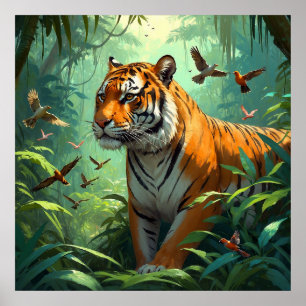 Poster Beau tigre aux oiseaux dans la jungle