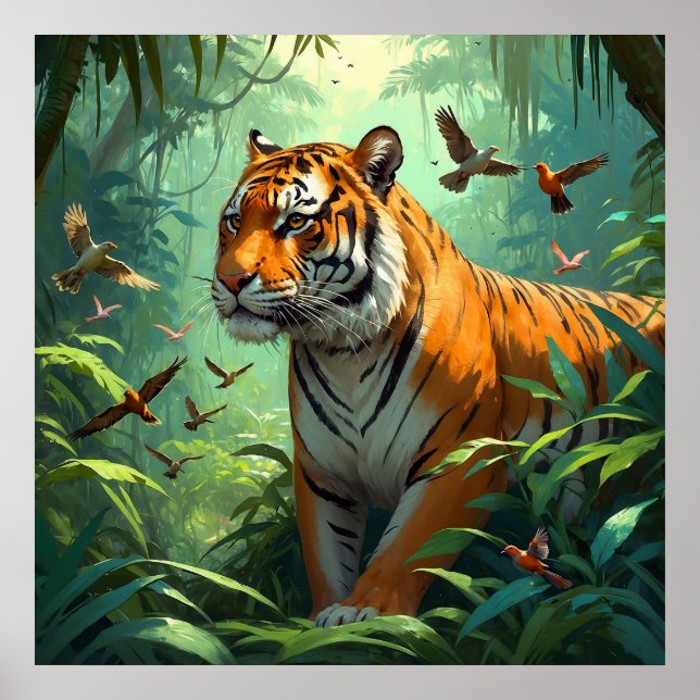 Poster Beau tigre aux oiseaux dans la jungle (Devant)
