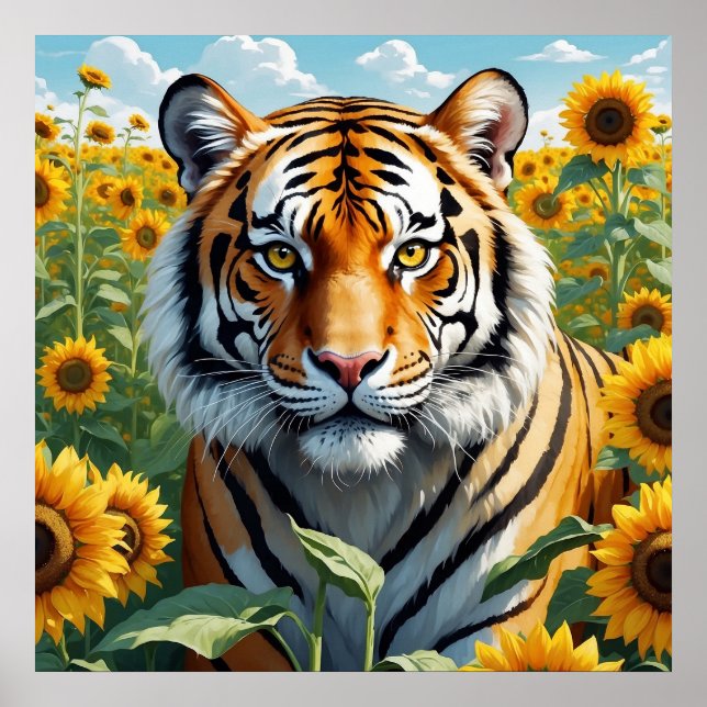 Poster Beau tigre dans le champ de tournesol Floral (Devant)