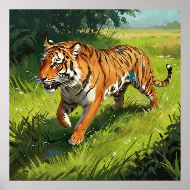 Poster Beau Tigre Orange Courir dans la Jungle (Devant)