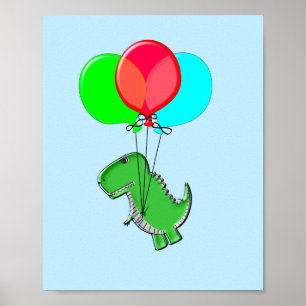 Poster Beau Vol T-Rex Avec Ballons Dans Ciel Bleu