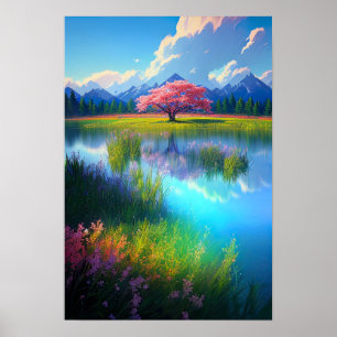 Poster Beauté de Crimson, Arbre rouge au bord du lac Azur