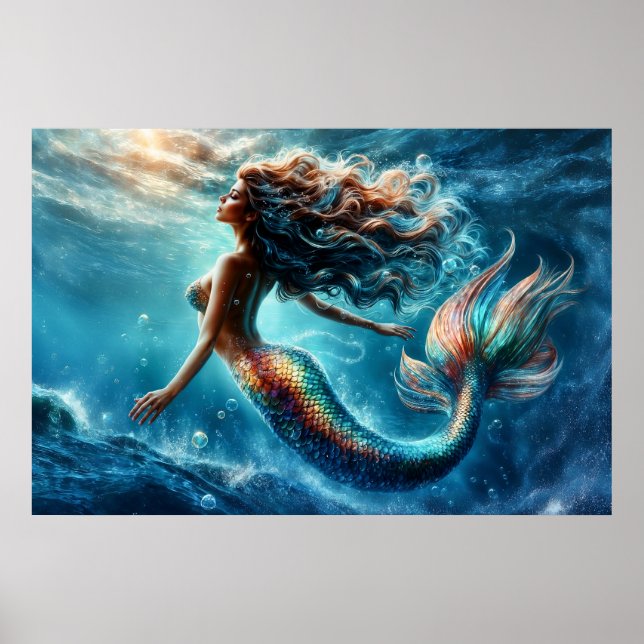 Poster Beauté de sirène aquatique éthérique en bleu profo (Devant)
