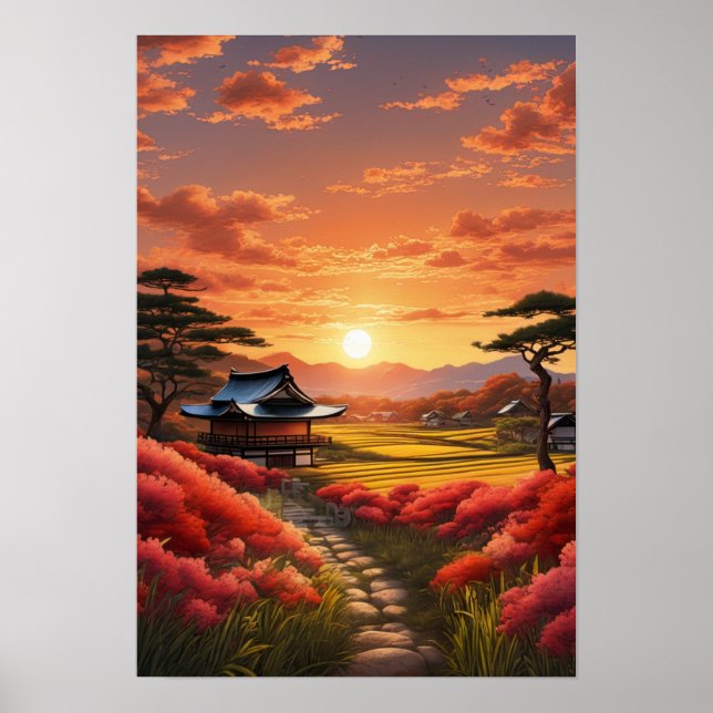 Poster Beauté du coucher de soleil dans la campagne japon (Devant)