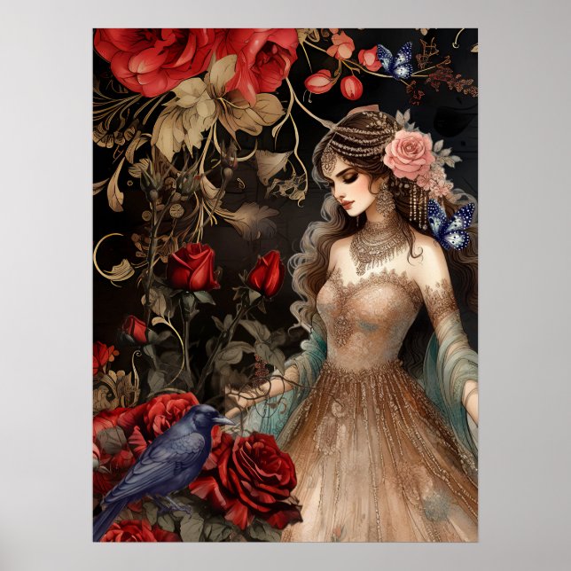Poster Beauté foncée exquise Roses rouges et corbeau (Devant)