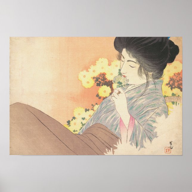 Poster Beauté japonaise avec la fleur geisha maiko tatoua (Devant)