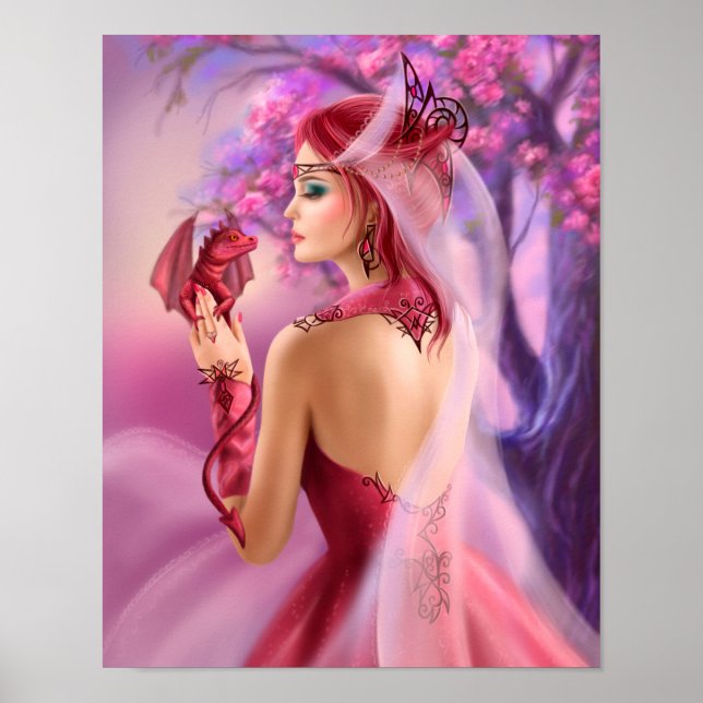 Poster Beautiful fantasy woman queen and red drago (Front)