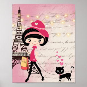 Poster Beautiful Girl and Cat à Paris Eiffel