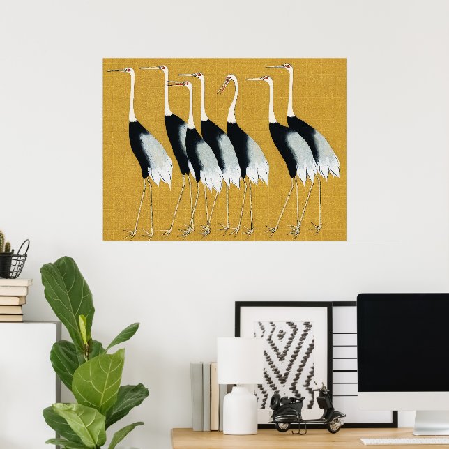 Poster Beautiful Japanese Red Crown Cranes by Ogata Korin (Bureau à domicile)