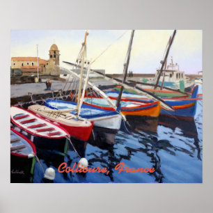 Poster Beautiful Red Orange Blue Green Boats in Collioure