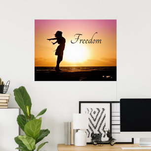 Poster Beautiful Sunset with Girl Feeling Freedom